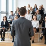 Speaker di spalle parla a un pubblico in un'aula luminosa con gradoni, simboleggiando la comunicazione efficace in un contesto formativo.