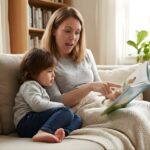 Donna sorridente intenta a leggere ad alta voce a sua figlia, con un'aura luminosa che rappresenta l'emozione della narrazione.
